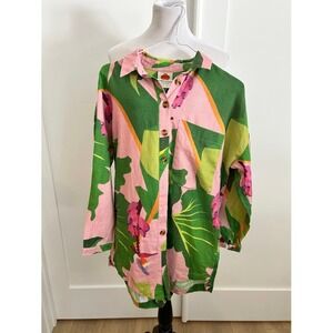 FARM Rio Tropicalistic Linen Leaf Print Button Up Romper Pink Green Women's S